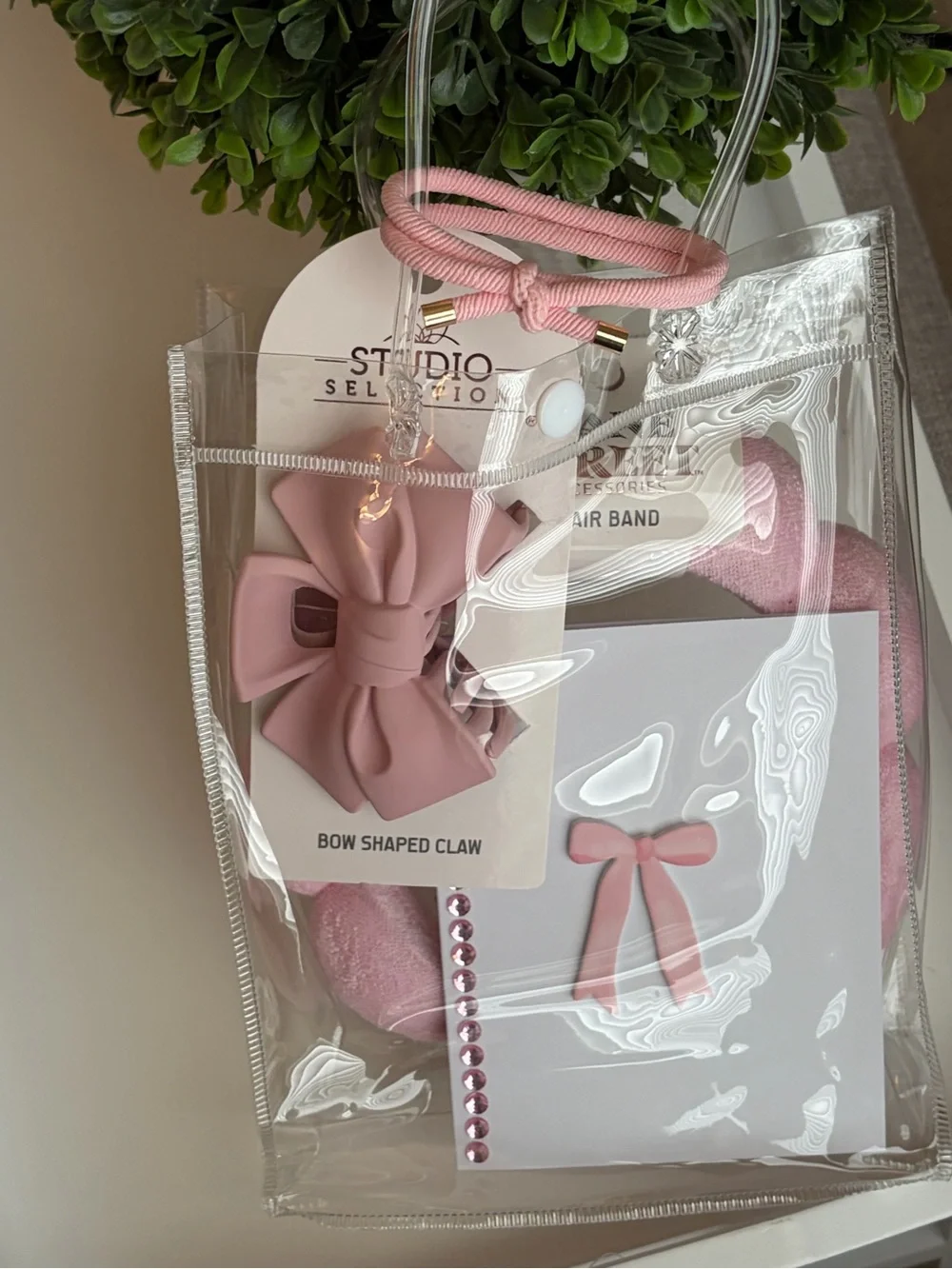 Pink Bow Hair Claw & Spa Headband Set in clear tote